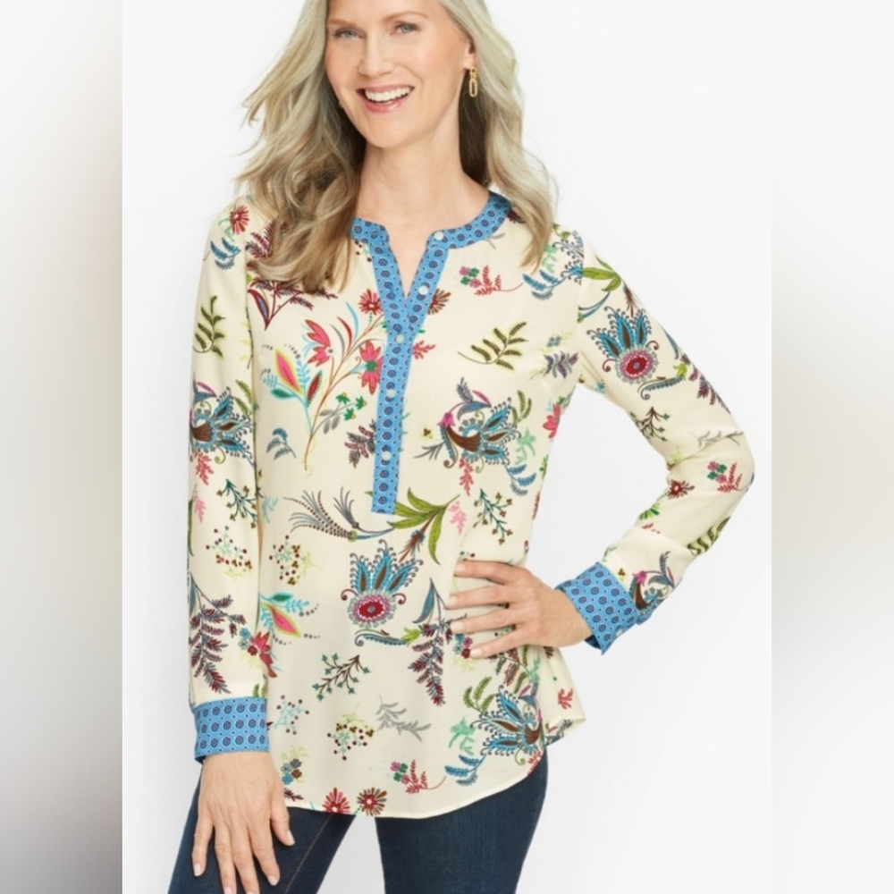New Talbots Floral Tunic Blouse in Pale Yellow and Blue